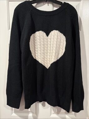 Women's Black Crewneck Sweater with Cream Heart